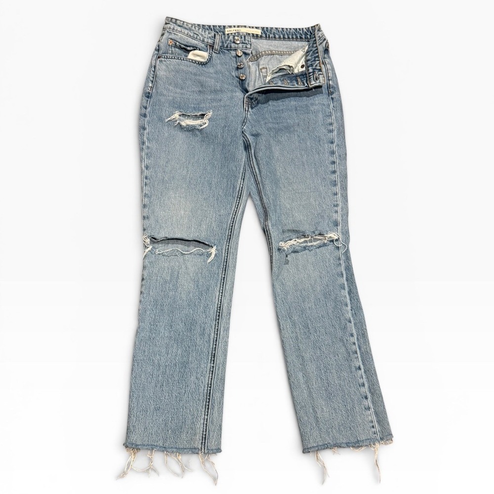 GRLFRND The Karolina High Rise Straight Crop Distressed Jeans Light Wash Mom 27